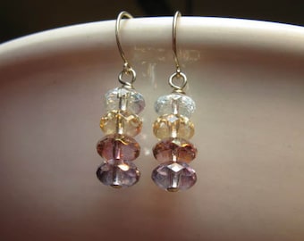 Faceted Glass Beaded Sterling Silver Jewelry, Petite Earrings Multicolor Glass Earrings, Feminine Delicate Pretty, Valentine Gift for Her