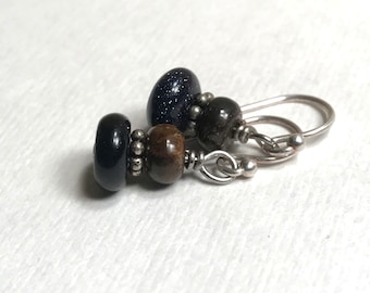 Petite Blue Goldstone Bronzite Sterling Silver Earrings, Gemstone Stack Jewelry, Starry Sky Earthy Brown Beaded Earring