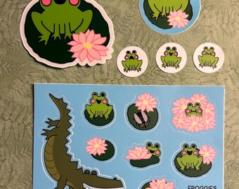 Froggies Alligator Waterproof Sticker Set, Fun Colorful Vinyl Water Bottle Decoration, Durable Laptop Art, Smiling Happy Frog Lily Pad Lotus