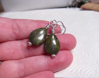 Green Pyrite Sterling Silver Teardrop Earrings, Heart Chakra Gemstone Jewelry, Grounding Green Stone