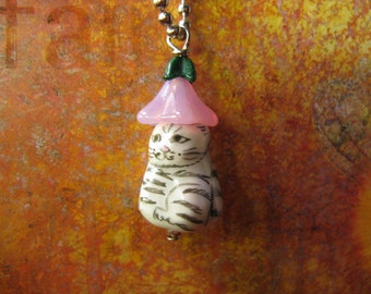 Tabby Cat Necklace, Whimsical Kitty Jewelry, Glass Cat with Pink Flower Hat