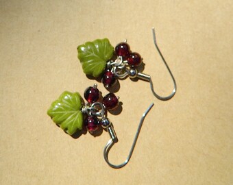 Beaded Garnet Earrings, Grape and Leaf Earrings, Whimsical Wine Drinker Gift
