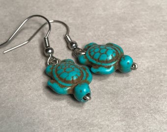 Teal Turtle Earrings, Whimsical Sea Life Jewelry, Magnesite Stone Sea Turtles