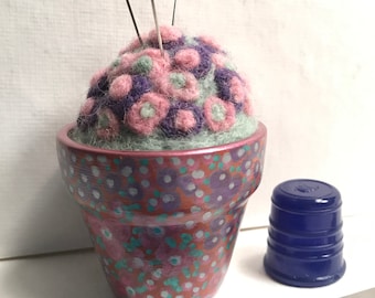 OOAK Needle Felted Wool Floral Pin Cushion in Painted Terracotta Flower Pot, Handcrafted Unique Sewing Needlecrafting