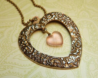 Romantic Heart Necklace, Ornate Embossed Heart Pendant with Pink Frosted Heart, Valentine Romance Love Jewelry
