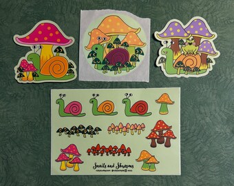 Mushroom Snail Sticker Set, Waterproof Vinyl Water Bottle Decal, Colorful Laptop Decoration, Funny Snails, Shroomies