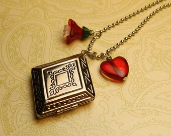Locket Necklace with Red Glass Heart & Flower Charm, Romantic Gift for Her, Diamond Shaped Photo Locket, Valentine Gift