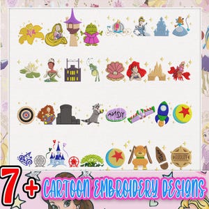 7+ Embroidery Cartoon Bundle, Movie Cartoon Embroidery Bundle, Magic Kingdom Embroidery Bundle, Instant Download