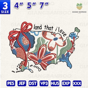 4 juli borduurwerk ontwerpen, bloem Boho Amerika kaart borduurwerk ontwerpen, Land That I Love borduurwerk ontwerpen, Instant Download