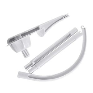 May include: A disassembled white plastic baby mobile frame. The components include a curved arch, two parallel rods, and a threaded piece. The pieces are arranged against a white background.