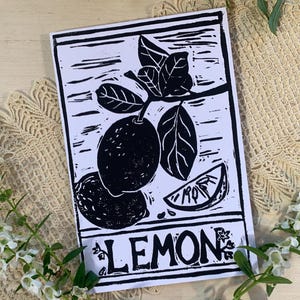 Cartão de felicitações com linóleo The Lemon Bough - Impressão em bloco original Citrus Garden - Impressão em xilogravura feita à mão - Presente de arte de parede para ela