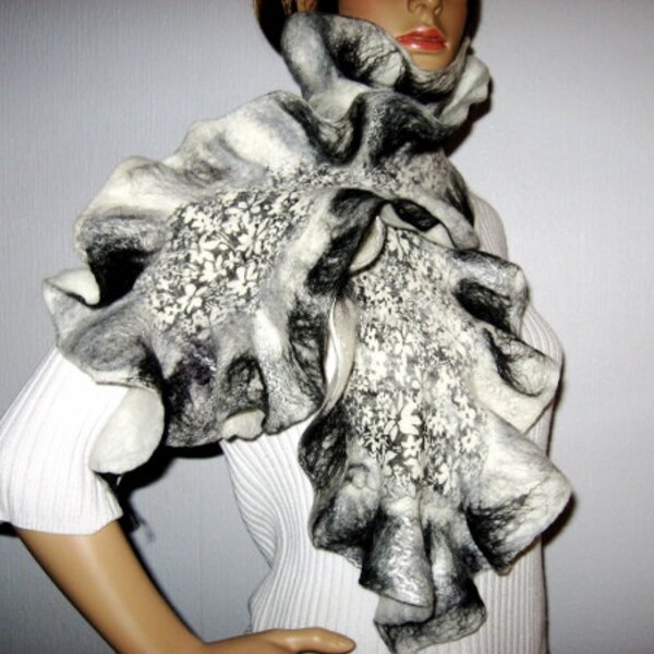 Felted Scarf  Wool Silk Black and White