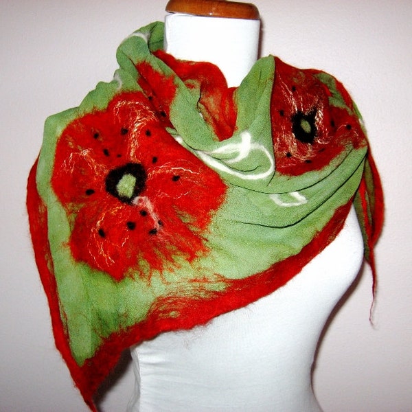 POPPY Felted Scarf   Nuno Scarf Women  Green Orange triangle Bandana