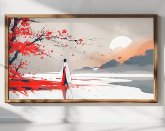 Samsung Frame TV Art | Frame TV Art |  Japanese Minimalist Ink Painting | Lone Figure | Lake | Digital Download