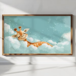 May include: A digital illustration of a giraffe sleeping on a cloud in a blue sky with white stars. The giraffe is smiling and has its eyes closed. The cloud is white and fluffy.