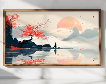 Samsung Frame TV Art | Frame TV Art |  Japanese Minimalist Ink Painting | Lone Figure | Lake | Digital Download