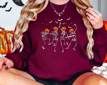 Dancing Skeleton Sweatshirt Pumpkin Sweater Halloween Sweatshirts Pumpkin Skeleton Shirt Halloween Party Sweatshirt Spooky Season Sweatshirt