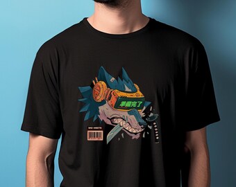 T-Shirt Cyberpunk Pets T-shirt, Cyberpunk Style Unisex Japan, Anime Lover shirt, Japanese Wolf, Cyber punk Design Apparel, Kawaii Sweatshirt
