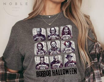 Skräckfilmsfigurer Halloween-t-shirt, Skräckfilm-t-shirt, Vintage 80-talsskräck, Trendig Halloween-t-shirt med grafisk design, Fredagen den 13:e-tröja