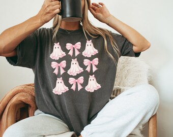 Coquette T-Shirt Pink Ghost Halloween Coquette Bow Shirt Ghost Halloween Halloween Sweatshirt Spooky Season Tee Pink Spooky Vibes Shirts