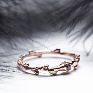 Engagement gold twig band Black diamond ring 14k rose gold pink gold engagement ring Stacking twig ring Summer weddings In Her Dreams image 1