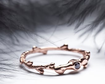 Engagement gold twig band Black diamond ring 14k rose gold pink gold engagement ring Stacking twig ring - Summer weddings - In Her Dreams