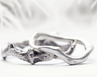 silver wedding band set, coral branch inspired sterling silver rings - Shipwrecked in Heaven