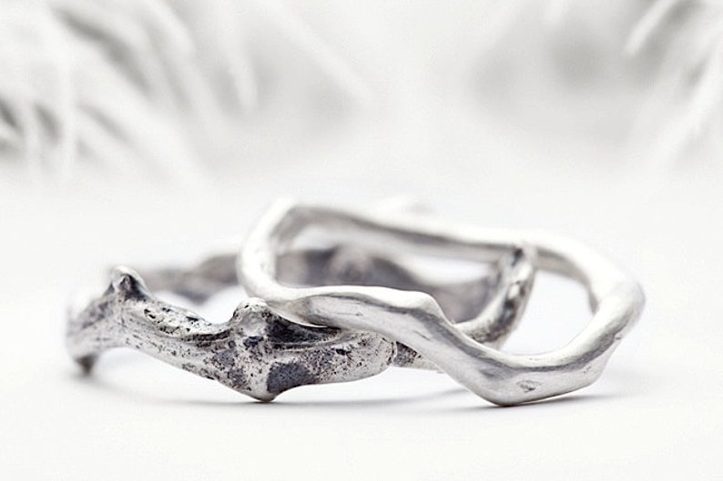 silver wedding band set, coral branch inspired sterling silver rings Shipwrecked in Heaven image 1