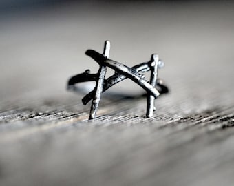 MANNAZ Rune Ring, sterling silver twigs -  Spirit of Humanity, Man, Divine Union