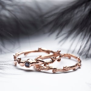 Engagement gold twig band Black diamond ring 14k rose gold pink gold engagement ring Stacking twig ring Summer weddings In Her Dreams image 5