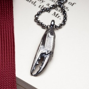 May include: A silver crab claw pendant necklace with a delicate chain. The pendant is detailed and realistic, with a textured surface.