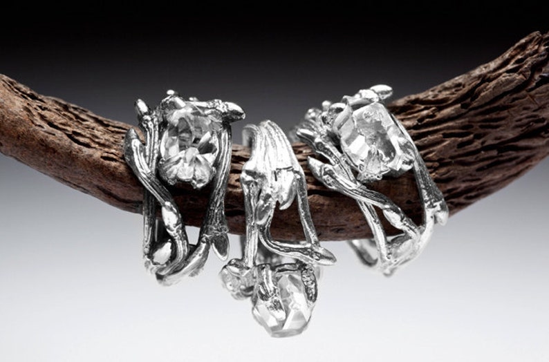Raw Gemstone ring Elvish Herkimer Diamond alt bride, engagement alternative: twigs and natural rock crystal image 2