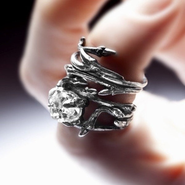 Raw Gemstone  ring - Elvish Herkimer Diamond - alt bride, engagement alternative: twigs and natural rock crystal