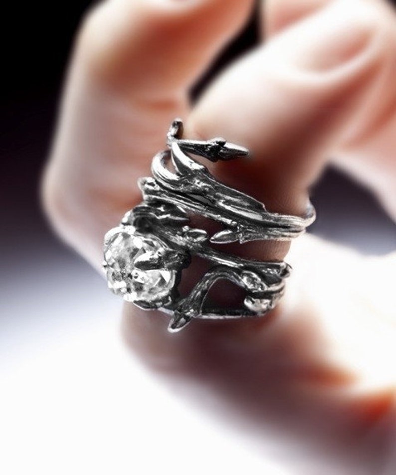 Raw Gemstone ring Elvish Herkimer Diamond alt bride, engagement alternative: twigs and natural rock crystal image 1