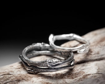 twig wedding band set, sterling silver branch rings - Elvish You Belong Together