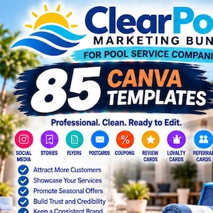 May include: A digital marketing bundle for pool service companies featuring 85 Canva templates. The graphic includes a sun and wave logo, the text ClearPool Marketing Bundle, and icons for social media, stories, flyers, postcards, coupons, and cards.