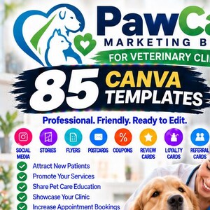 Könnte beinhalten: Ein digitales Marketing-Paket für Tierarztpraxen mit 85 Canva-Vorlagen. Die Grafik enthält den Text PawCare Marketing, 85 Canva Templates sowie Symbole für soziale Medien, Flyer, Postkarten, Gutscheine, Treuekarten und Empfehlungskarten.