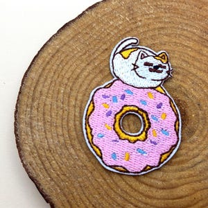 Cat on Donut Embroidered Patch: Funny Iron-On Applique