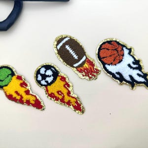 Flaming Sports Ball Patch with Gold Border Football Tennis Soccer Basketball Iron On  patch ,embroidered patch, for jacket/bags/DIY projects
