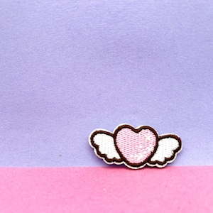 Tiny Pink Winged Heart Iron-On Patch: Kawaii Embroidered Applique