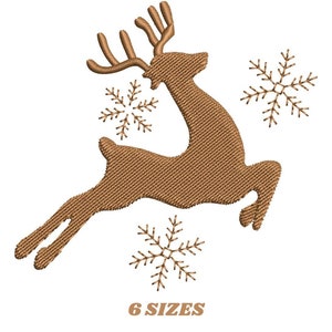 May include: A brown silhouette of a reindeer with antlers jumping with four snowflakes around it. The text "6 SIZES" is below the reindeer.