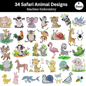 サファリ動物の刺繍デザイン - 34種類のベビー動物の機械刺繍 - 森の動物セット - デジタルダウンロード - お子様の誕生日刺繍