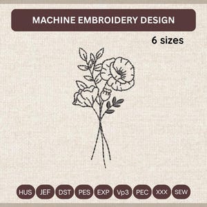 Könnte beinhalten: Ein Maschinenstickdesign mit einer schwarzen Strichzeichnung eines Blumenstraußes mit zwei Blüten und Blättern. Der Text lautet MACHINE EMBROIDERY DESIGN, 6 sizes, und listet die Dateiformate HUS, JEF, DST, PES, EXP, Vp3, PEC, XXX, SEW auf.