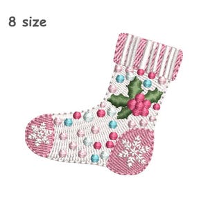 May include: An embroidered Christmas stocking design featuring the text 8 size. The stocking is white with a pink striped cuff, pink and light blue polka dots, green holly leaves with pink berries, and white snowflake patterns on the toe and heel.