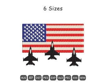 Diseño de bordado de la bandera de los USA Jets - Bordado a máquina del 4 de julio - 6 tamaños - Descarga digital