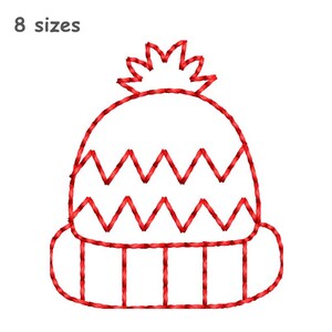 Puede incluir: Un contorno bordado en rojo de un gorro de invierno con un pompón en la parte superior, un patrón en zigzag en la sección central y un puño acanalado en la parte inferior. El texto 8 sizes aparece en gris en la esquina superior izquierda.