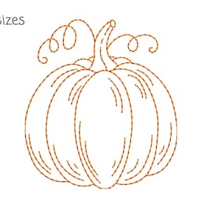 May include: A line drawing of a pumpkin with a stem and curly vines. The pumpkin is outlined in brown thread.