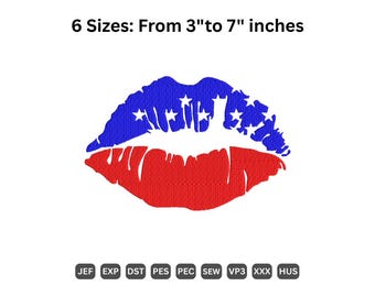 Bordado de labios con la bandera estadounidense - Diseños de bordado a máquina para el 4 de julio - Labios con la bandera de EE. UU. - Descarga instantánea - 6 tamaños