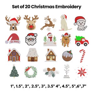 May include: Set of 20 Christmas embroidery designs, including a reindeer, Santa Claus, snowman, and Christmas tree. Sizes range from 1 inch to 7 inches.