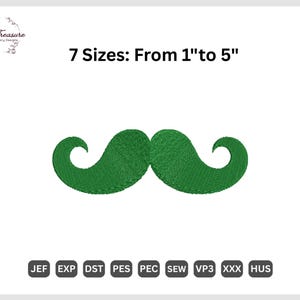 May include: A green embroidered mustache design. The image includes the text "7 Sizes: From 1" to 5"" and various file format abbreviations. The Enzo Treasure logo is in the upper left corner.